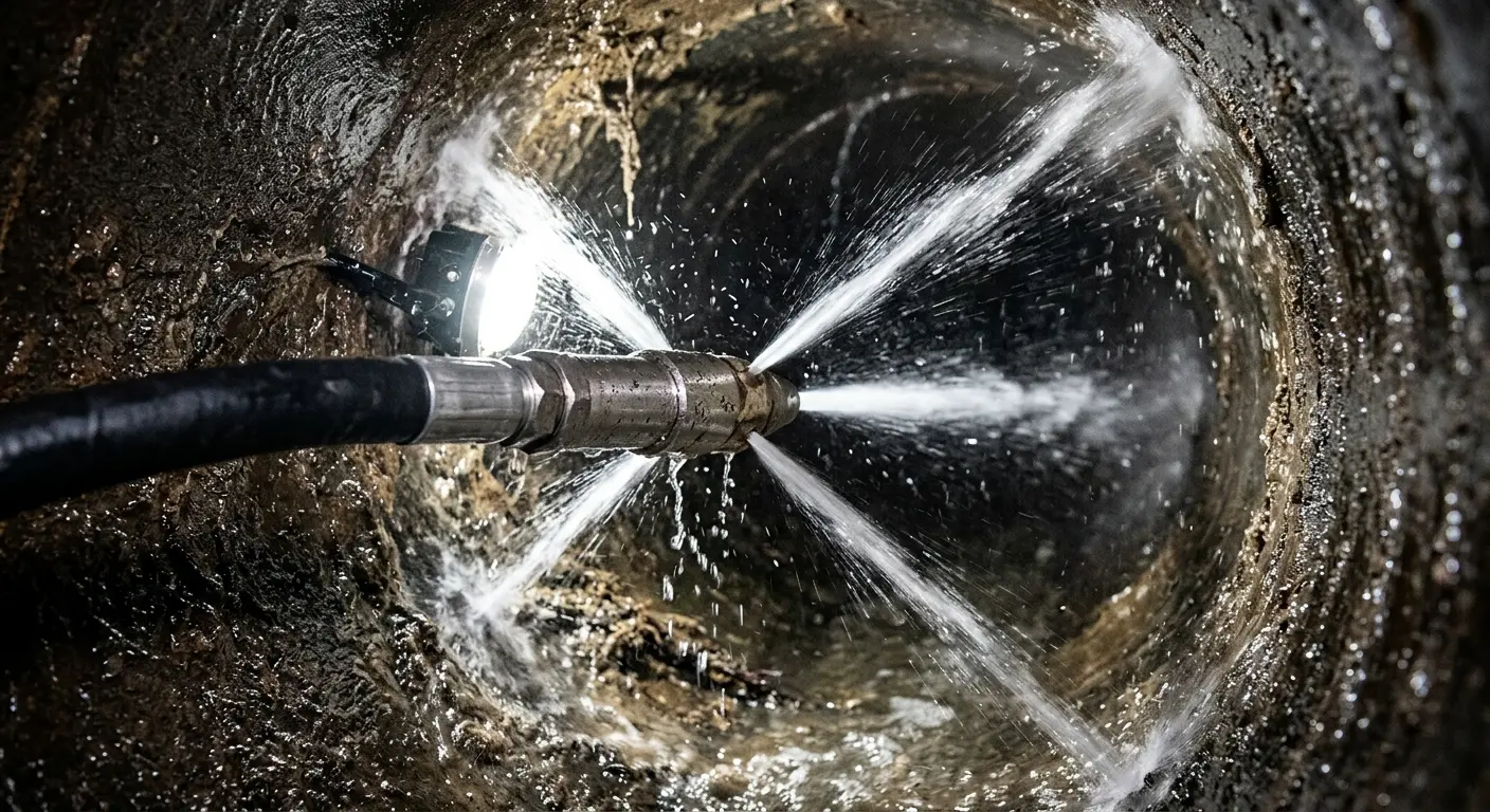 High-pressure hydro jetting nozzle cleaning sewer pipe for Sewer Cleanout in Glenpool