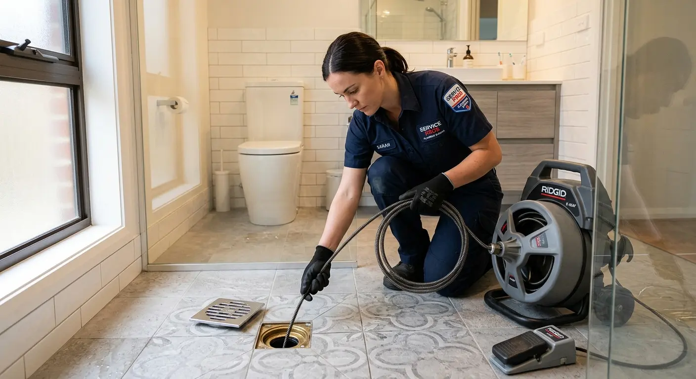 Technician clearing a bathroom floor drain for Drain Cleaning in Glenpool